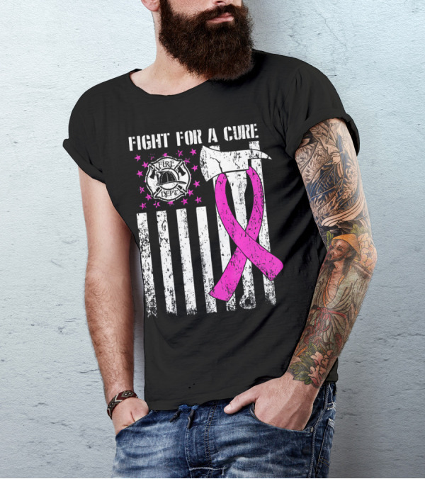 Fight For A Cure Fire Dept Pink Ribbon Axe Flag T-Shirt