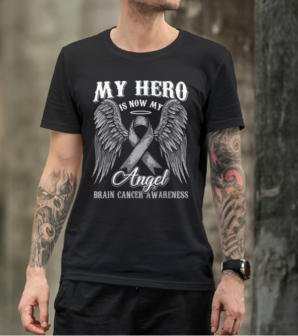 My Hero Is Now My Angel Brain Cancer Awareness Ribbon Wings Halo T-Shirt