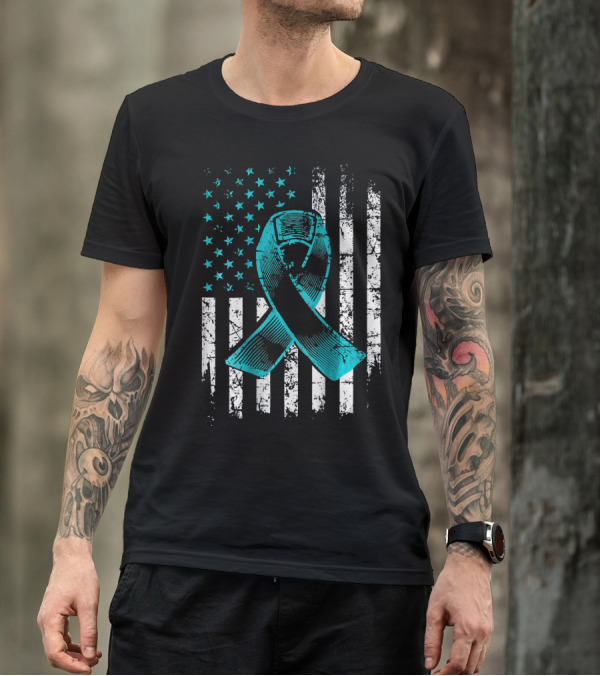 Fighting Flag Ovarian Cancer Awareness With Teal Ribbon And American T-Shirt