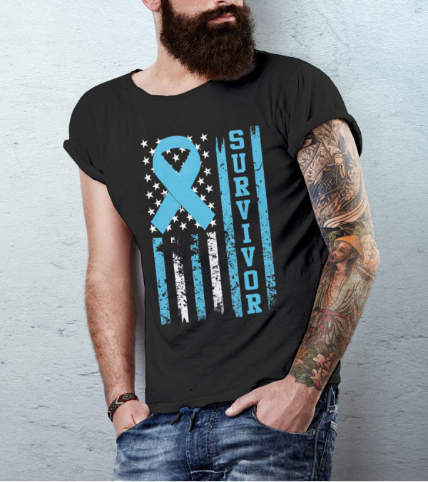 Survivor Blue Ribbon American Flag Prostate Cancer T-Shirt