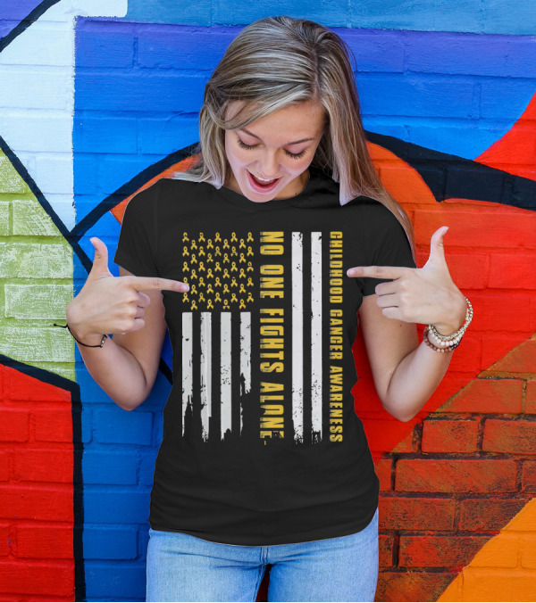 No One Fights Alone USA Flag Childhood Cancer Awareness T-Shirt