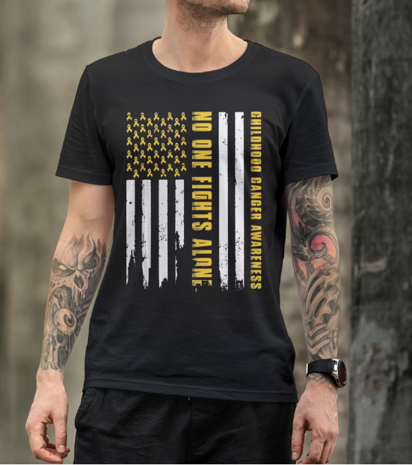 No One Fights Alone USA Flag Childhood Cancer Awareness T-Shirt