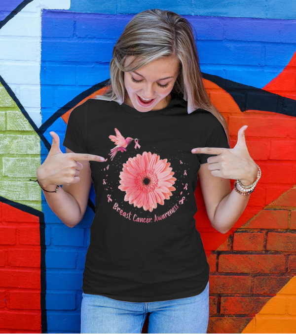 Hummingbird Pink Ribbon Breast Cancer Awareness Sunflower T-Shirt