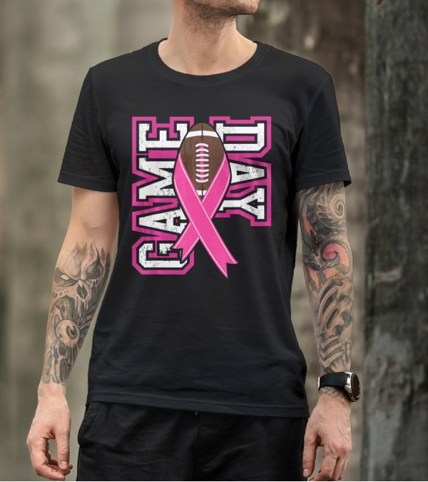 Game Day Breast Cancer Awareness Pink Ribbon Football T-Shirt