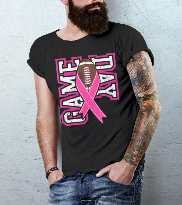 Game Day Breast Cancer Awareness Pink Ribbon Football T-Shirt