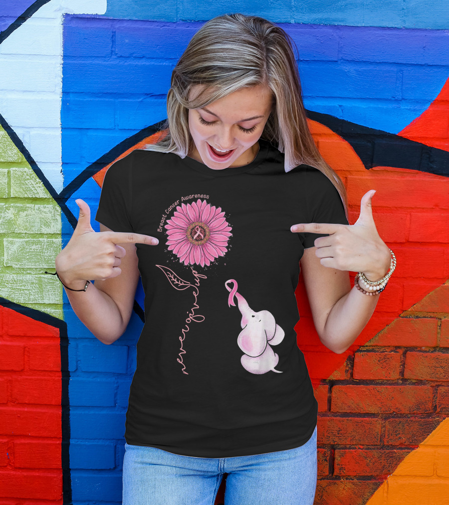 Breast Cancer Awareness Never Give Up Pink Ribbon Sunflower Elephant T-Shirt