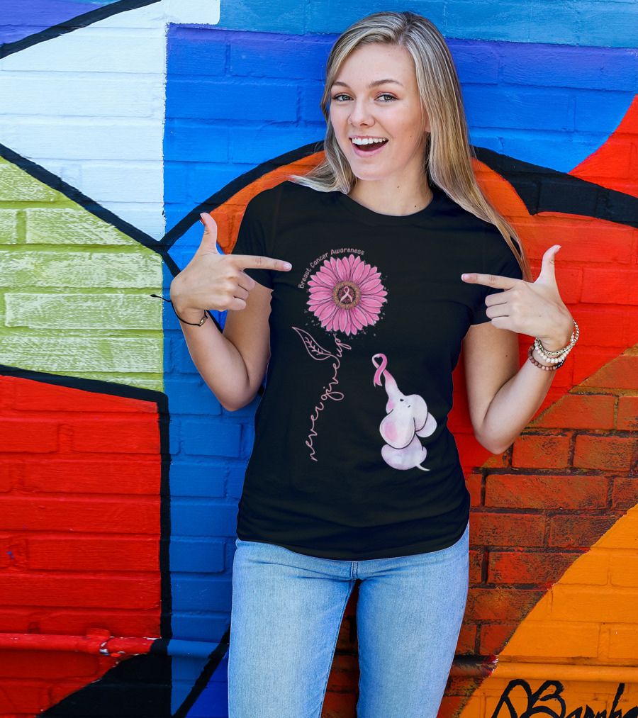Breast Cancer Awareness Never Give Up Pink Ribbon Sunflower Elephant T-Shirt