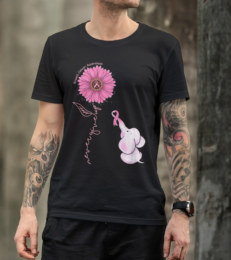 Breast Cancer Awareness Never Give Up Pink Ribbon Sunflower Elephant T-Shirt