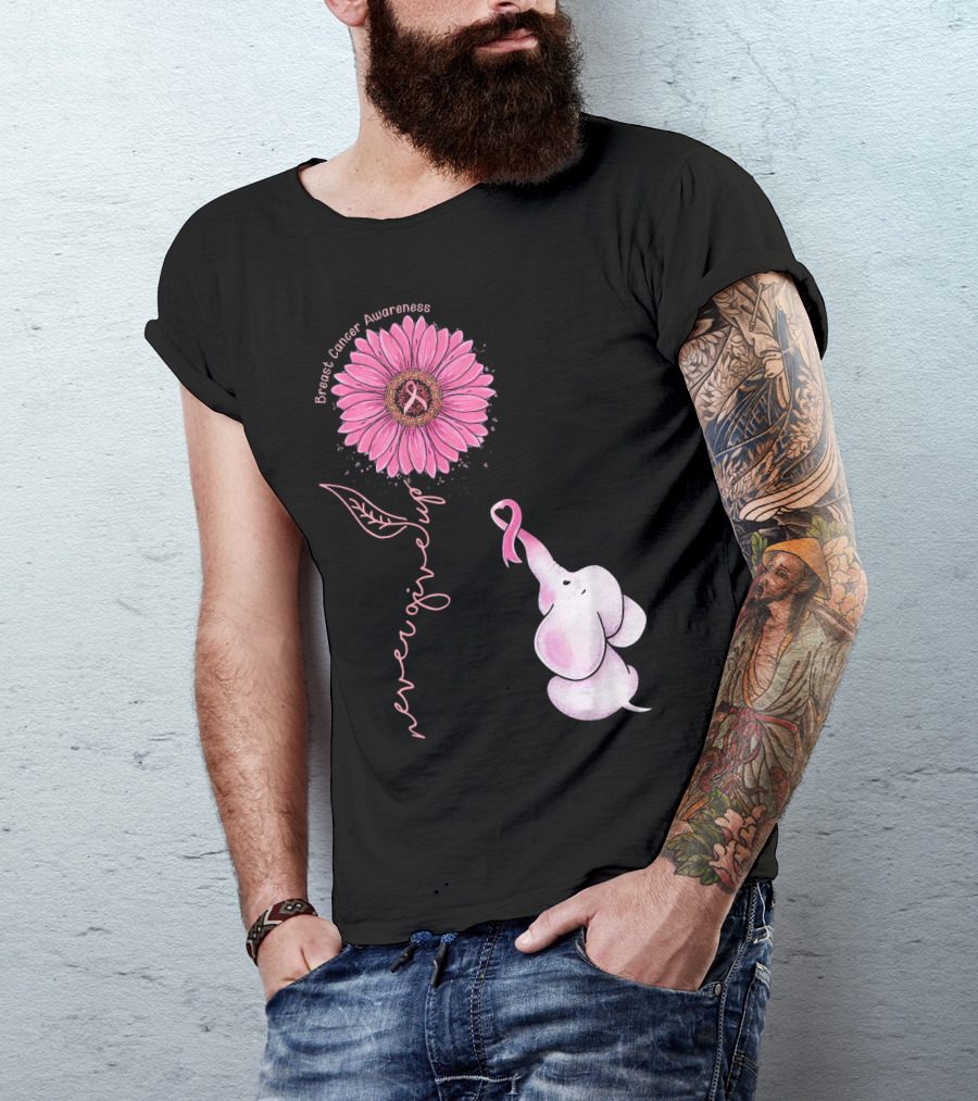 Breast Cancer Awareness Never Give Up Pink Ribbon Sunflower Elephant T-Shirt