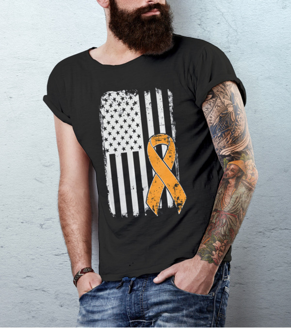 Leukemia Cancer Awareness Vintage US Flag Orange T-Shirt