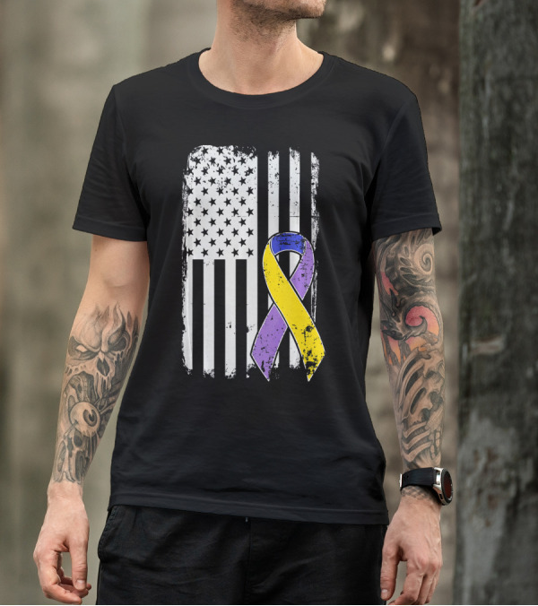 Bladder Cancer Awareness Distressed American Flag Purple Gold T-Shirt