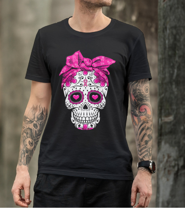 Sugar Skull With Pink Bow And Breast Cancer T-Shirt