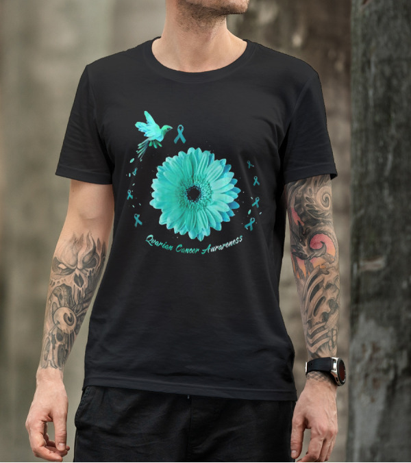 Teal Daisy Bird Ribbon Ovarian Cancer Awareness T-Shirt