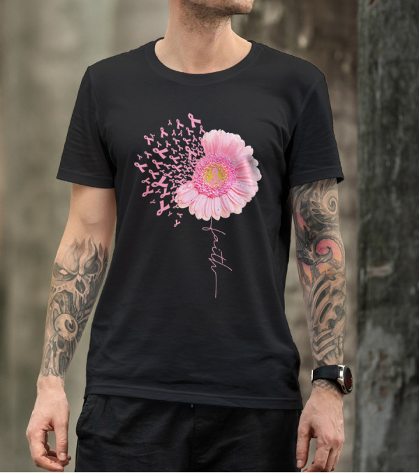 Faith Pink Ribbon Daisy Flower Breast Cancer Awareness T-Shirt