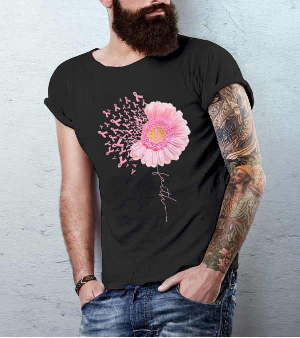 Faith Pink Ribbon Daisy Flower Breast Cancer Awareness T-Shirt