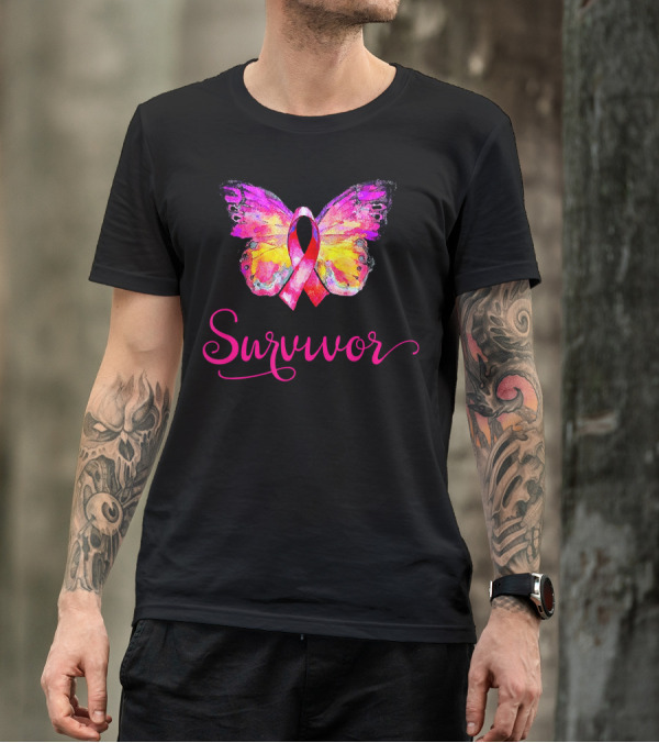 Survivor Butterfly Pink Ribbon Breast Cancer Awareness T-Shirt
