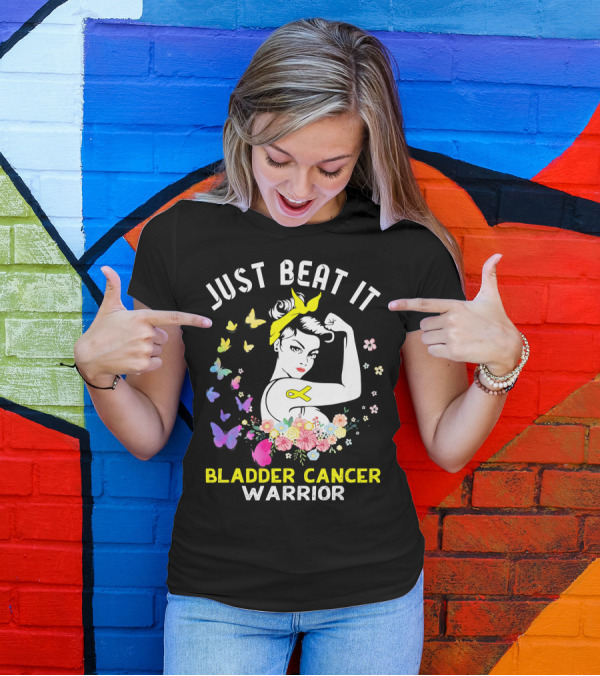 Just Beat It Bladder Cancer Warrior Butterfly Ribbon Floral Fighter T-Shirt