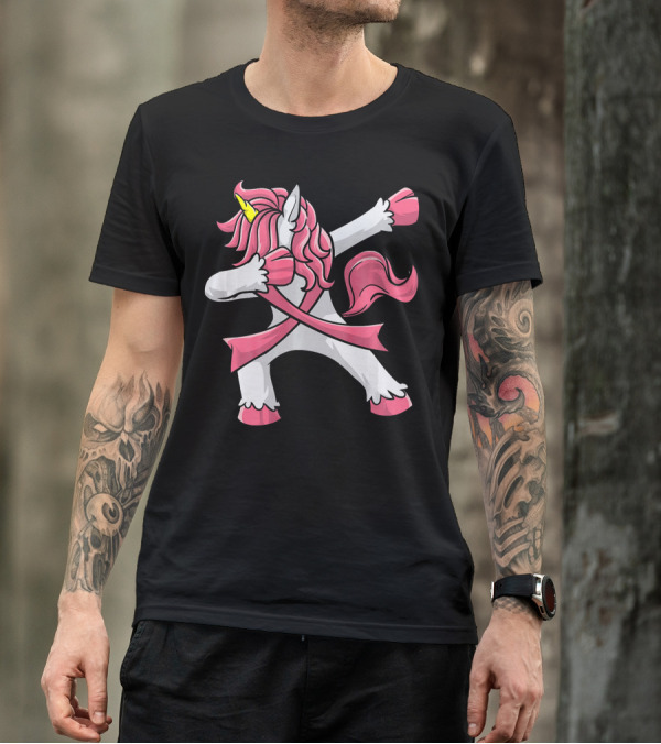 Pink Ribbon Dabbing Unicorn Breast Cancer Awareness T-Shirt