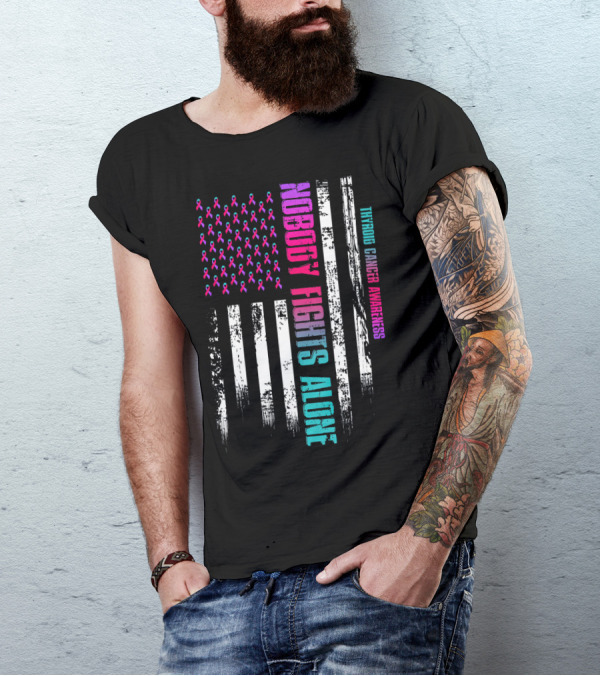 Nobody Fights Alone USA Flag Thyroid Cancer Awareness T-Shirt
