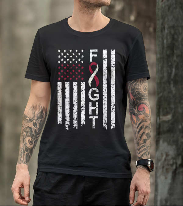 Head And Neck Cancer Awareness Fight Ribbon American Flag T-Shirt