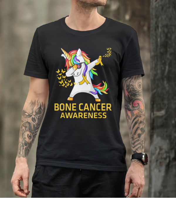 Bone Cancer Awareness Unicorn Dab With Yellow Ribbon Butterflies T-Shirt