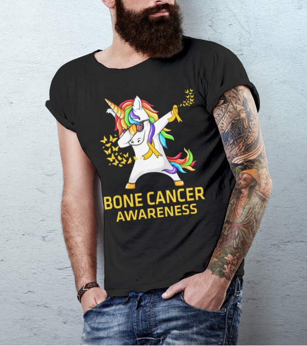 Bone Cancer Awareness Unicorn Dab With Yellow Ribbon Butterflies T-Shirt