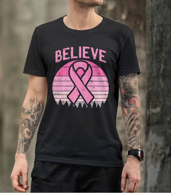 Believe Retro Sunset Pink Ribbon Breast Cancer Awareness T-Shirt