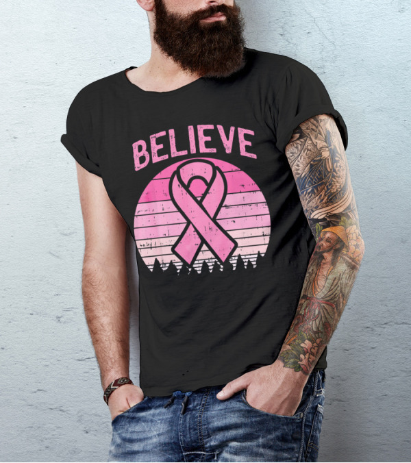 Believe Retro Sunset Pink Ribbon Breast Cancer Awareness T-Shirt
