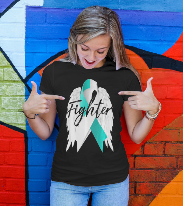 Cervical Cancer Fighter Teal Ribbon With Angel Wings T-Shirt