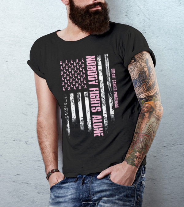 Nobody Fights Alone Breast Cancer Awareness USA Flag T-Shirt