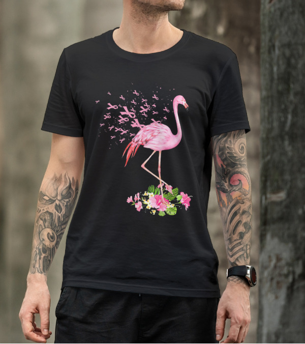 Flamingo With Pink Breast Cancer Ribbons And Floral Accents T-Shirt