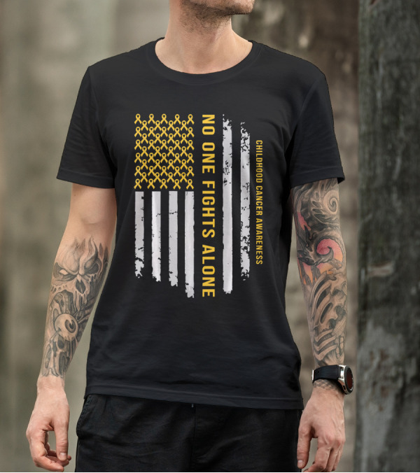 No One Fights Alone Childhood Cancer Awareness American Flag T-Shirt