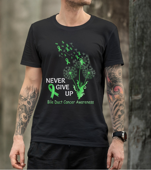 Never Give Up Bile Duct Cancer Awareness Dandelion Green Ribbons T-Shirt