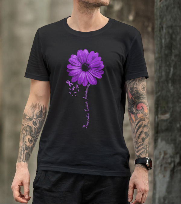 Pancreatic Cancer Awareness Purple Ribbon Purple Flower T-Shirt