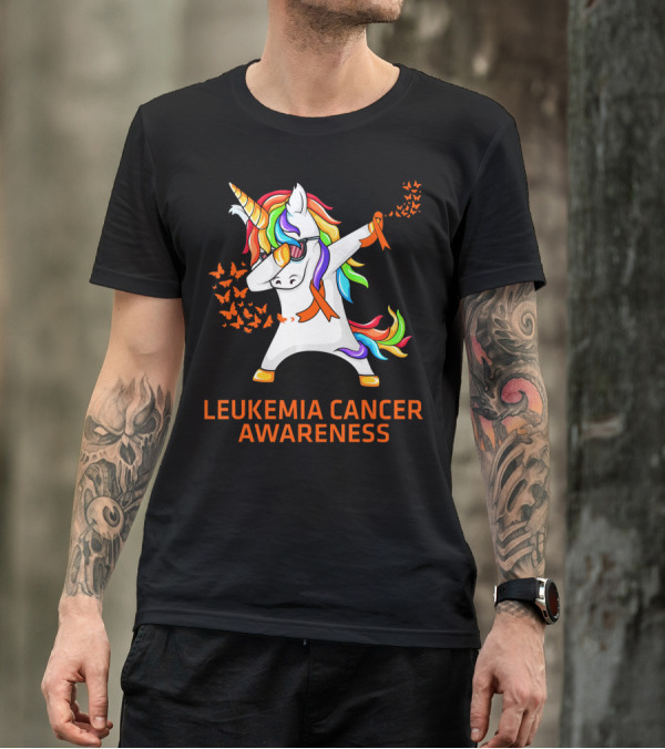 Leukemia Cancer Awareness Unicorn Dabbing With Rainbow Mane And Orange T-Shirt