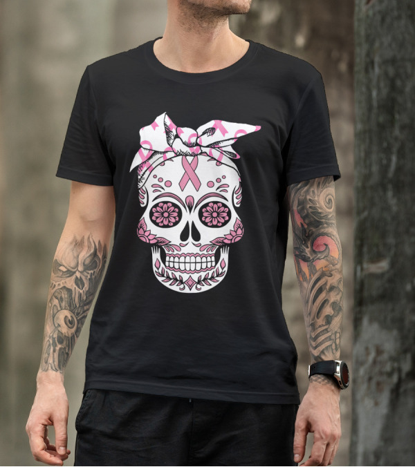 Day Of The Dead Skull With Pink Ribbon For Breast Cancer Awareness T-Shirt