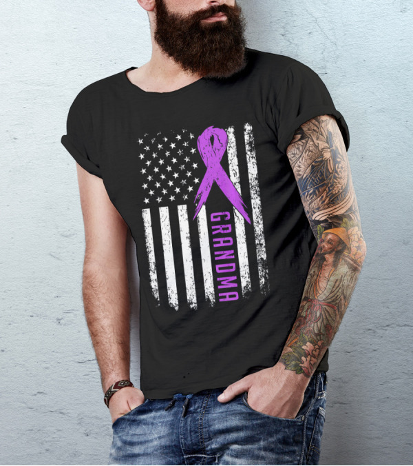 Grandma American Flag Purple Ribbon Pancreatic Cancer Awareness T-Shirt