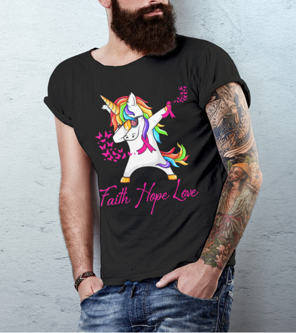 Faith Hope Love Pink Unicorn Breast Cancer Awareness T-Shirt