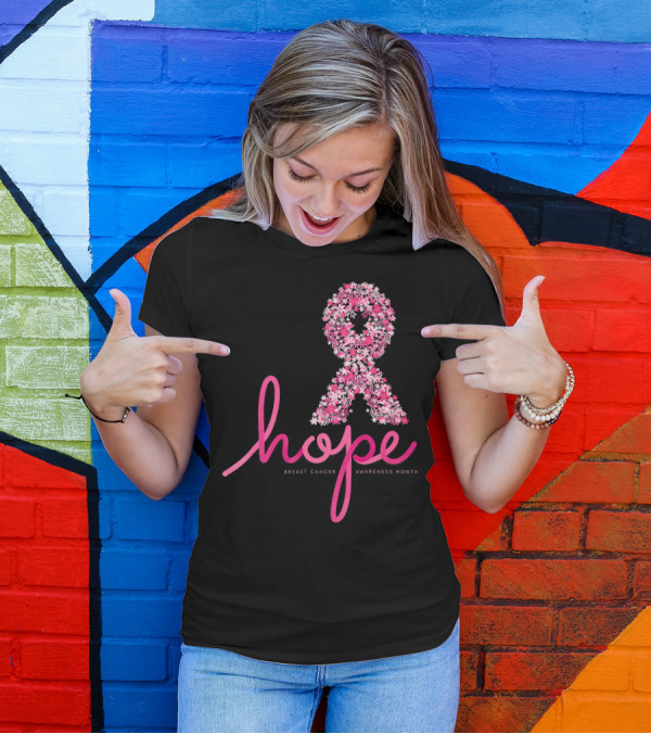 Hope Breast Cancer Awareness Month Pink Ribbon Floral T-Shirt