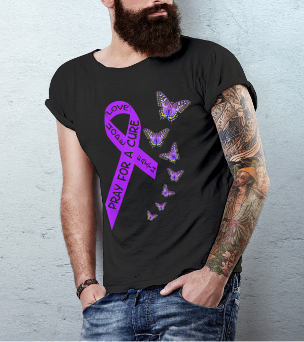 Pray For A Cure Love Hope Purple Ribbon Butterflies Pancreatic Cancer Awareness T-Shirt