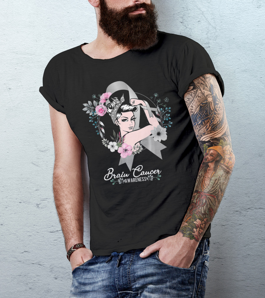 BRAIN CANCER AWARENESS Woman Gray Ribbon Floral T-Shirt