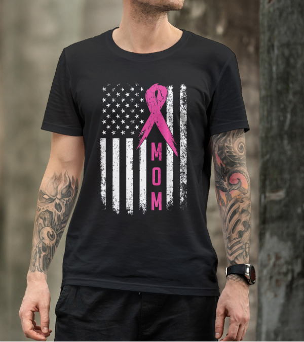 Mom Pink Ribbon American Flag Breast Cancer Awareness T-Shirt