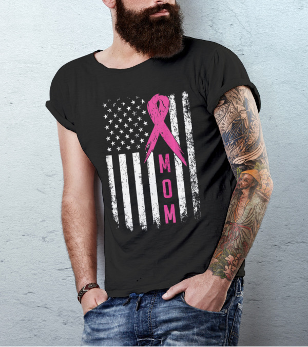 Mom Pink Ribbon American Flag Breast Cancer Awareness T-Shirt