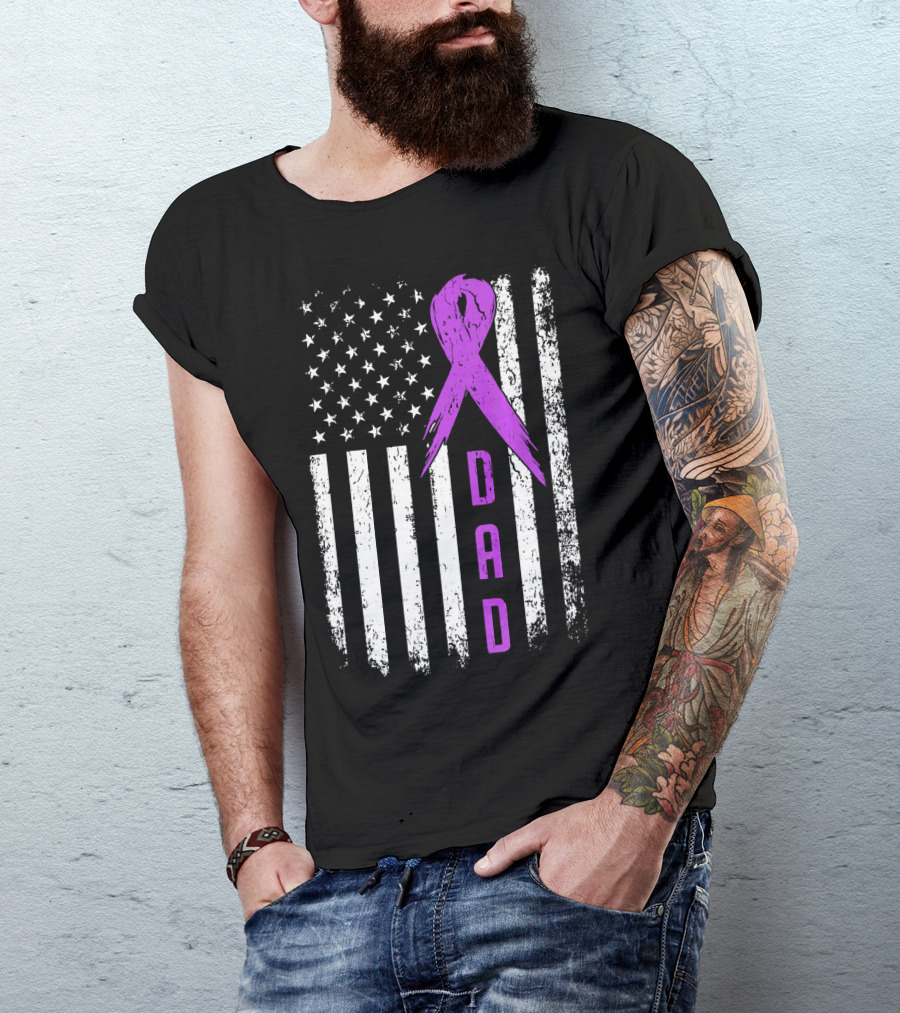 Dad American Flag Pancreatic Cancer Awareness Purple T-Shirt