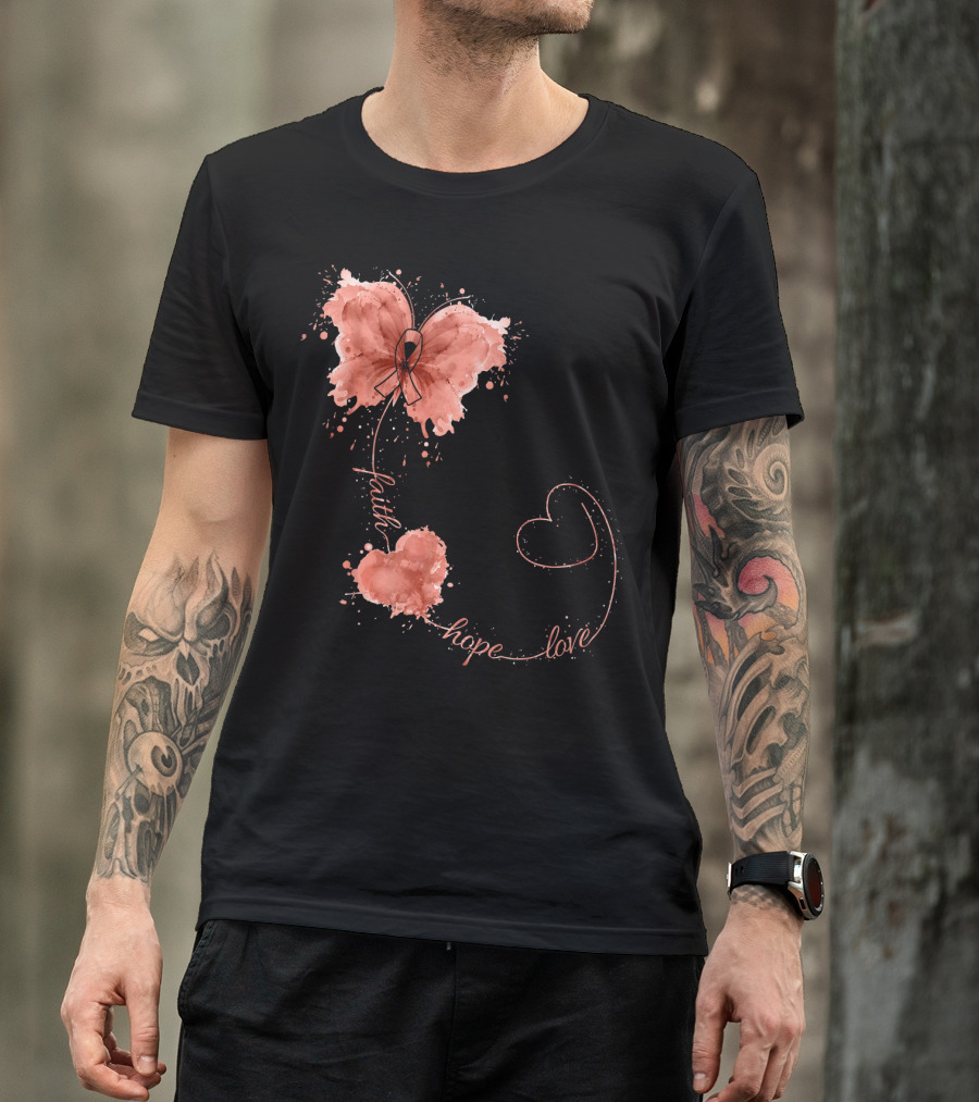 Faith Hope Love Butterfly Ribbon Uterine Cancer Awareness T-Shirt