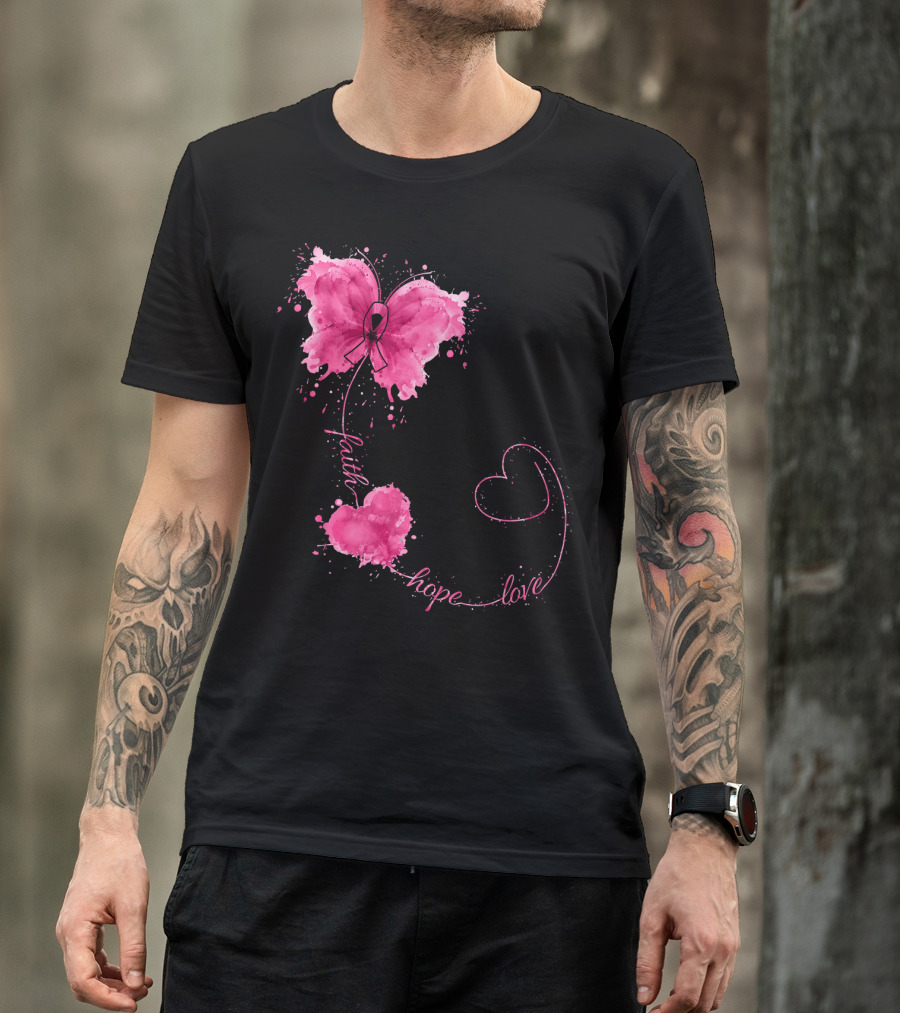 Faith Hope Love Butterfly With Pink Ribbon Breast Cancer Awareness T-Shirt