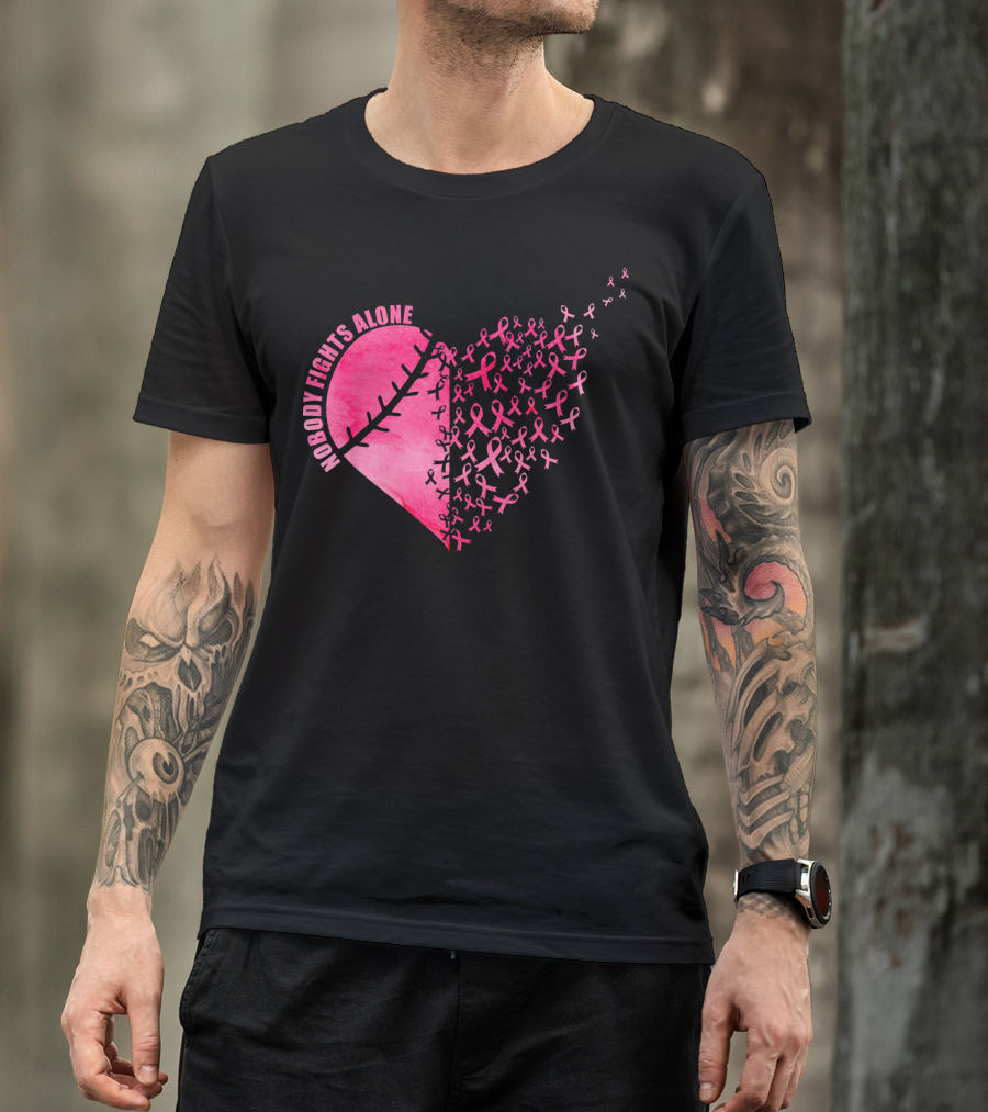 Nobody Fights Alone Heart Pink Ribbons Baseball Softball T-Shirt