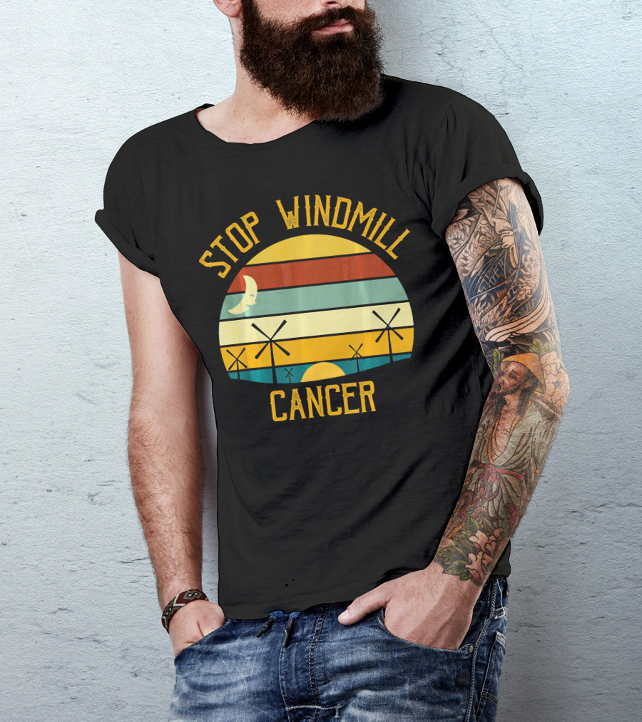 Stop Windmill Cancer Awareness Moon Sunset Stripes T-Shirt