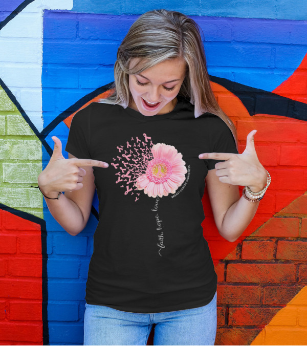 Faith Hope Love Dandelion Daisy Breast Cancer Awareness T-Shirt