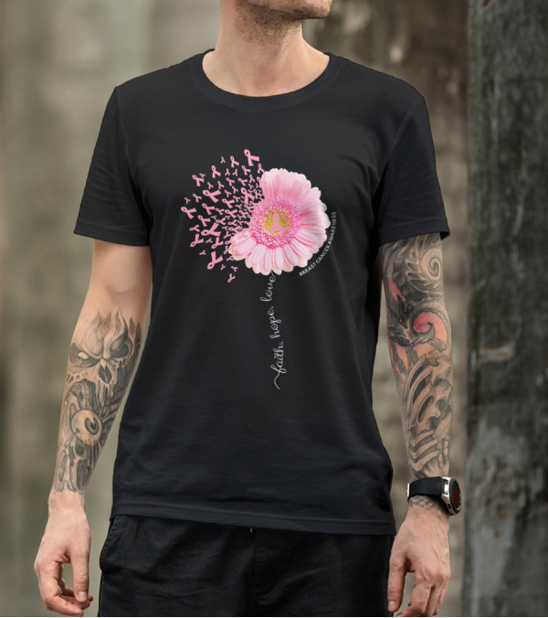 Faith Hope Love Dandelion Daisy Breast Cancer Awareness T-Shirt
